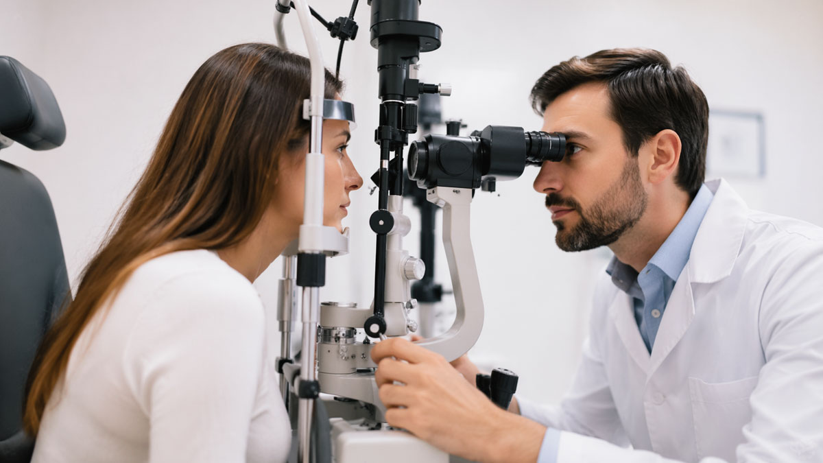 Patient en consultation ophtalmologique, examen de la vue à la lampe à fente
